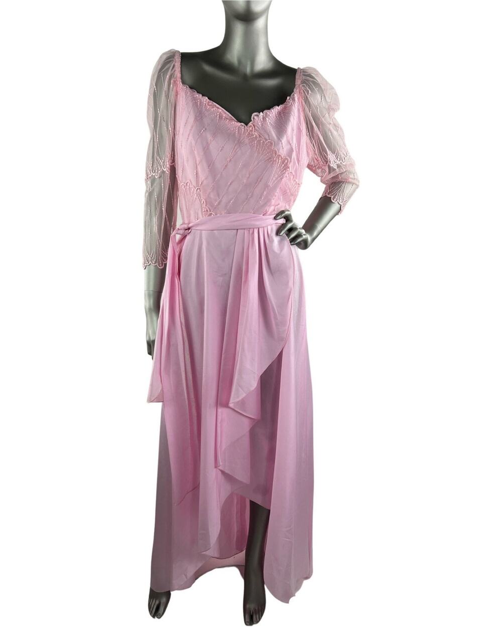 Vintage 1980s Pink Maxi Dress with Mesh and Embroidered Bodice Medium